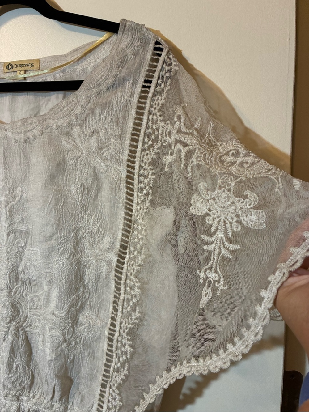 Democracy Mineral Wash 100% Cotton Crochet Embroidered Peasant Blouse Top Boho S - Picture 4 of 9